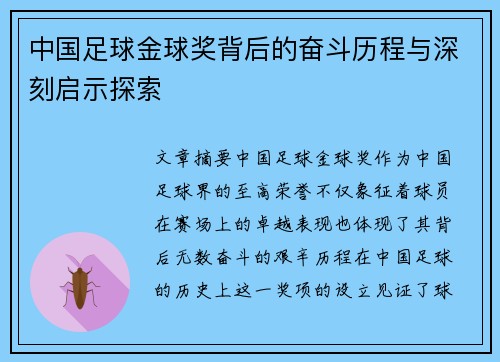 中国足球金球奖背后的奋斗历程与深刻启示探索
